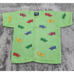 Vintage 90s Rey Wear Hand Knit Short Sleeve Cardigan Size L Green Butterflies